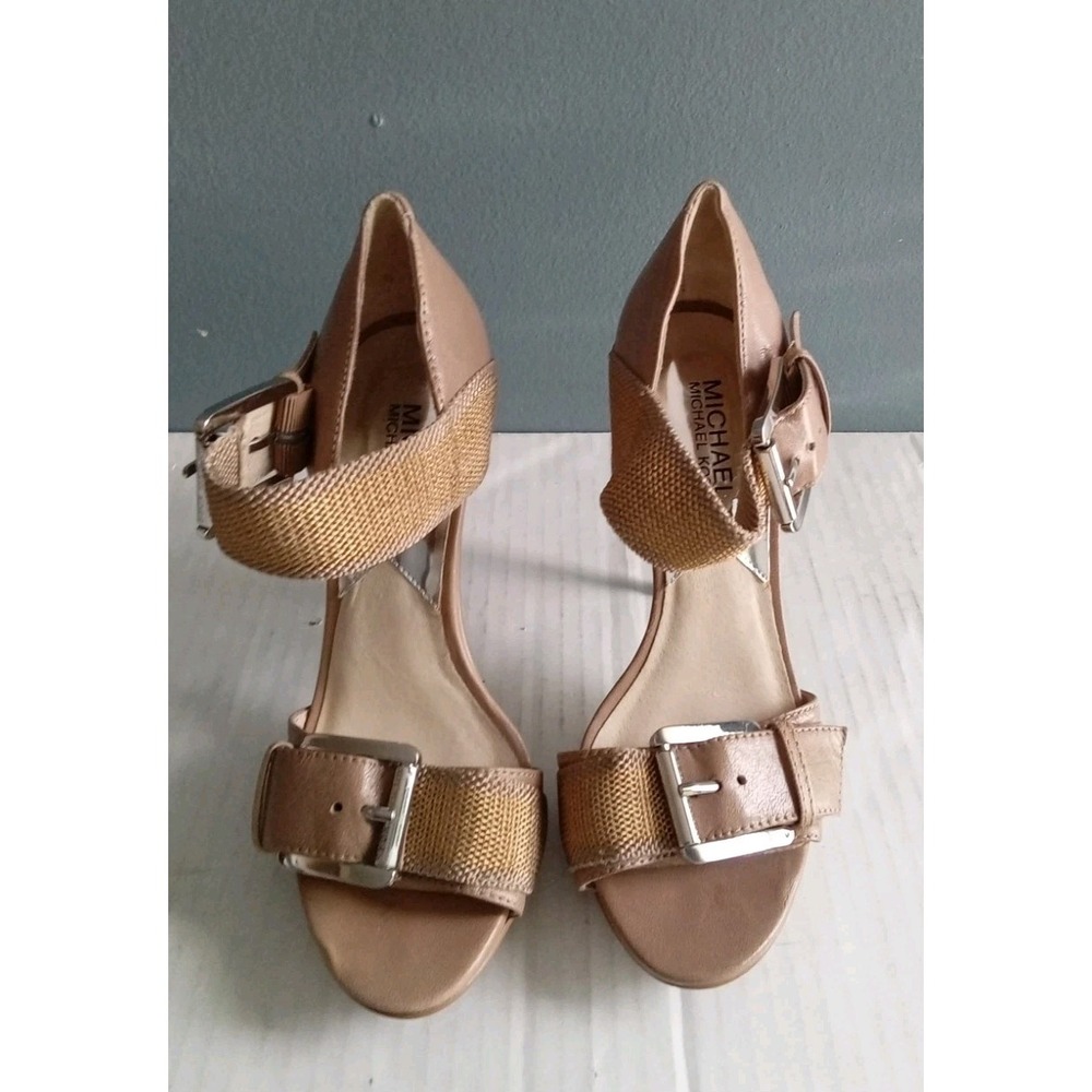 Michael Kors‎ Buckle Heeled Sandals Ankle Strap Tan Gold Accents